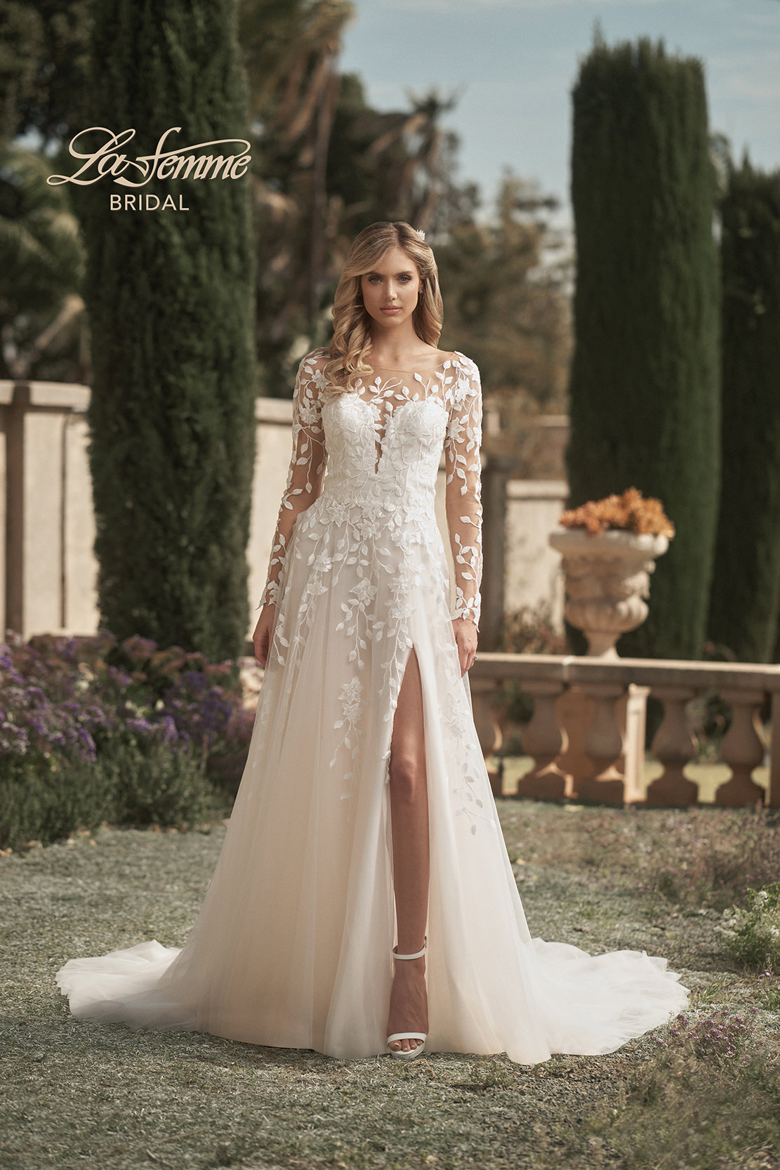 Style 44407: Long Sleeve Fit and Flare Bridal Gown with Illusion Back |  Sincerity Bridal | Sincerity bridal, Wedding dress long sleeve, Bridal gowns