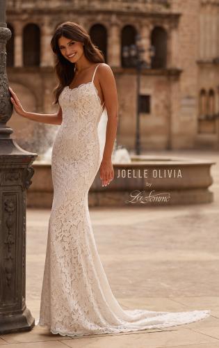 Picture of: Allover Stretch Lace Sheath Wedding Dress with Low Open Back in IINI, Style: J2304, Back Picture