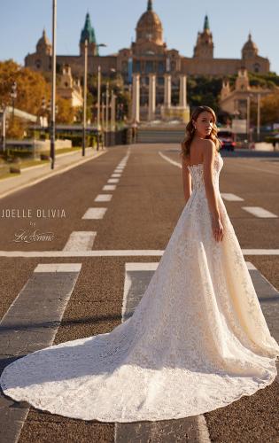 Picture of: Beautiful Structured A Line Gown with Slit and Illusion Strapless Bodice in WIINI, Style: J2236, Back Picture