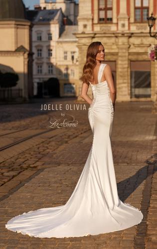 Picture of: Ruched Jersey Fit and Flare Wedding Dress with Cap Straps in ivory, Style: J2293, Back Picture