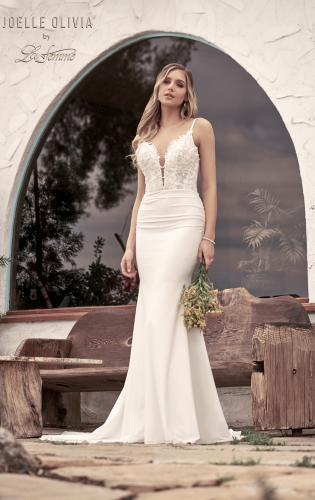 Picture of: Ruched Luxe Knit Dress with Deep V Lace Top in ivory, Style: J2028, Main Picture