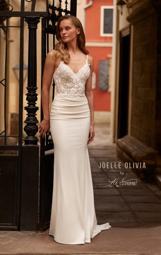 Picture of: Sheer Lace Bodice Jersey Wedding Dress with Buttons in ivory, Style: J2182, Main Picture