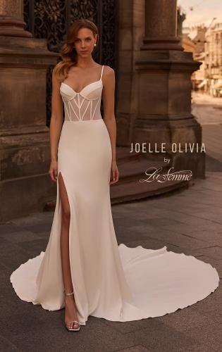 Picture of: Fitted Luxe Jersey Wedding Dress with Corset Top and Slit in ivory, Style: J2230, Main Picture