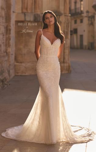 Picture of: Lace Corset Fit and Flare Wedding Dress with Spaghetti Straps in ivory, Style: J2319, Main Picture