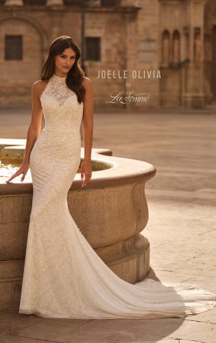 Picture of: High Neck Lace Fit and Flare Wedding Dress with Sheer Back in ivory, Style: J2323, Main Picture