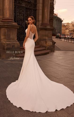 Picture of: Fitted Luxe Jersey Wedding Dress with Corset Top and Slit in ivory, Style: J2230, Back Picture