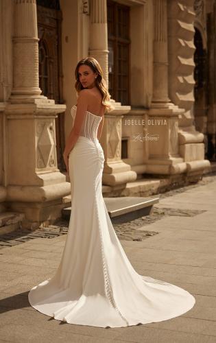 Picture of: Contemporary Wedding Dress with Ruched Corset Bodice and Jersey Skirt in ivory, Style: J2279, Back Picture