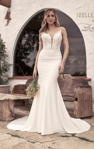 Picture of: Ruched Luxe Knit Dress with Deep V Lace Top in ivory, Style: J2028, Detail Picture 3, Landscape