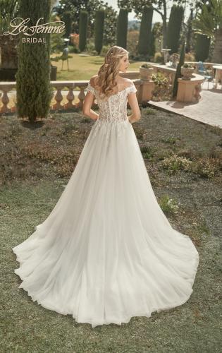 Picture of: Wedding Gown with Ornate Lace Off the Shoulder Bodice in III, Style: B1050, Back Picture