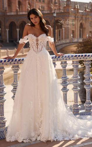 Picture of: Off-the-Shoulder 3D Lace A-Line Wedding Dress with Slit in IIIII, Style: B1486, Detail Picture 2