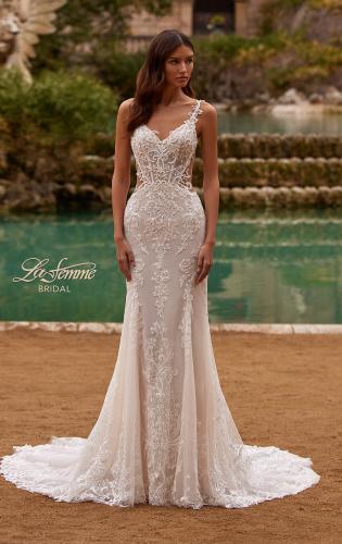 Picture of: Lace Wedding Dress with V Neckline and Sheer Side Detail in IIINI, Style: B1308, Main Picture