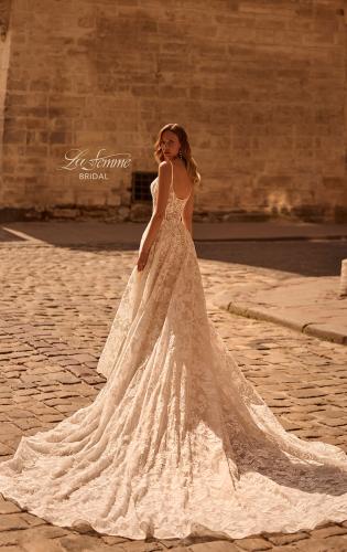 Picture of: A-Line Lace Wedding Dress with Square Neckline and Exposed Boning in IIINI, Style: B1380, Back Picture