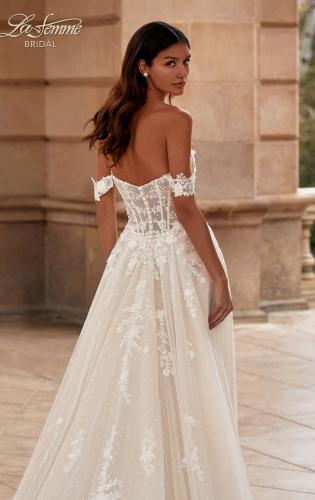 Picture of: A Line Tulle and Lace Wedding Dress with Slit and Off the Shoulder Straps in IIINI, Style: B1341, Detail Picture 2