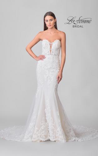 Picture of: Strapless Trumpet Wedding Dress with Illusion Lace Back and Scallop Hem in IIINII, Style: B1277, Detail Picture 4