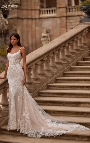 Picture of: Long Lace Mermaid Wedding Gown with Modified Scoop Neck and Corset Back in IINI, Style: B1335, Back Picture