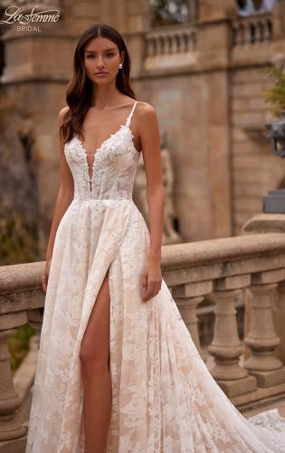 Picture of: Beautiful Lace A Line Wedding Gown with Deep V Illusion Neckline and Pockets in IINI, Style: B1338, Detail Picture 1