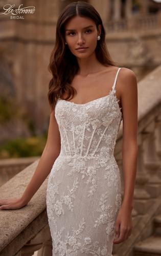 Picture of: Long Lace Mermaid Wedding Gown with Modified Scoop Neck and Corset Back in IINI, Style: B1335, Detail Picture 2