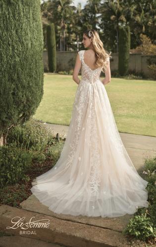 Picture of: A-Line Lace Gown with Slit and Plunge Neckline in INI, Style: B1017, Back Picture