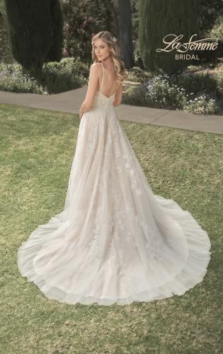 Picture of: Gorgeous Lace A-Line Dress with Ruched Detail Bodice and High Slit in INI, Style: B1075, Back Picture