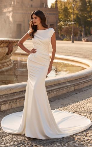 Picture of: Cap Sleeve Satin Fit and Flare Wedding Dress in ivory, Style: B1447, Main Picture