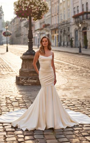Picture of: Scoop Neck Satin Fit and Flare Wedding Dress in ivory, Style: B1453, Main Picture