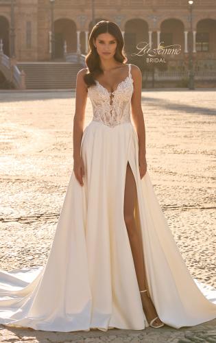 Picture of: Modern Lace and Satin A-Line Wedding Dress with Slit in ivory, Style: B1477, Main Picture