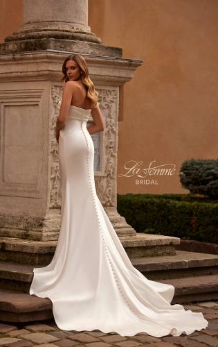Picture of: Modern Fitted Satin Wedding Dress with Criss Cross Bodice in Ivory, Style: B1413, Back Picture