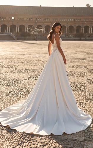 Picture of: Modern Lace and Satin A-Line Wedding Dress with Slit in ivory, Style: B1477, Back Picture