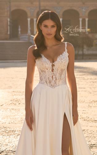 Picture of: Modern Lace and Satin A-Line Wedding Dress with Slit in ivory, Style: B1477, Detail Picture 2