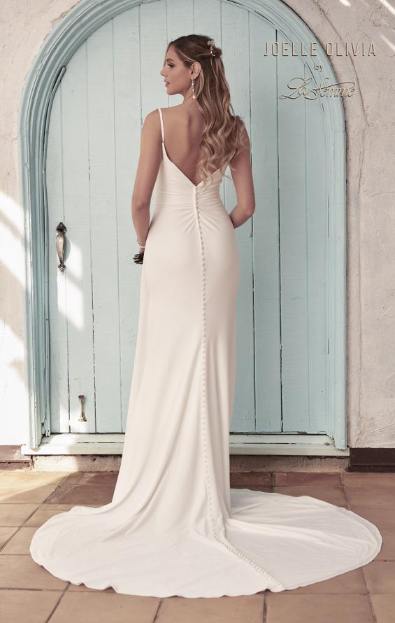 Picture of: Classic Luxe Knit Wedding Gown with Draped Slit Detail in ivory, Style: J2034, Back Picture
