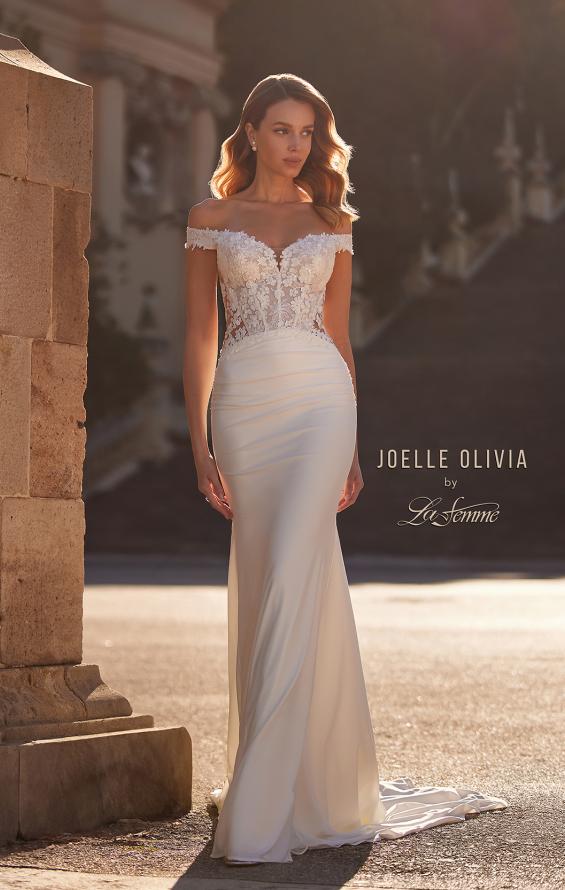 Picture of: Off the Shoulder Destination Wedding Dress with Lace Bodice and Illusion Back in ivory, Style: J2166, Main Picture