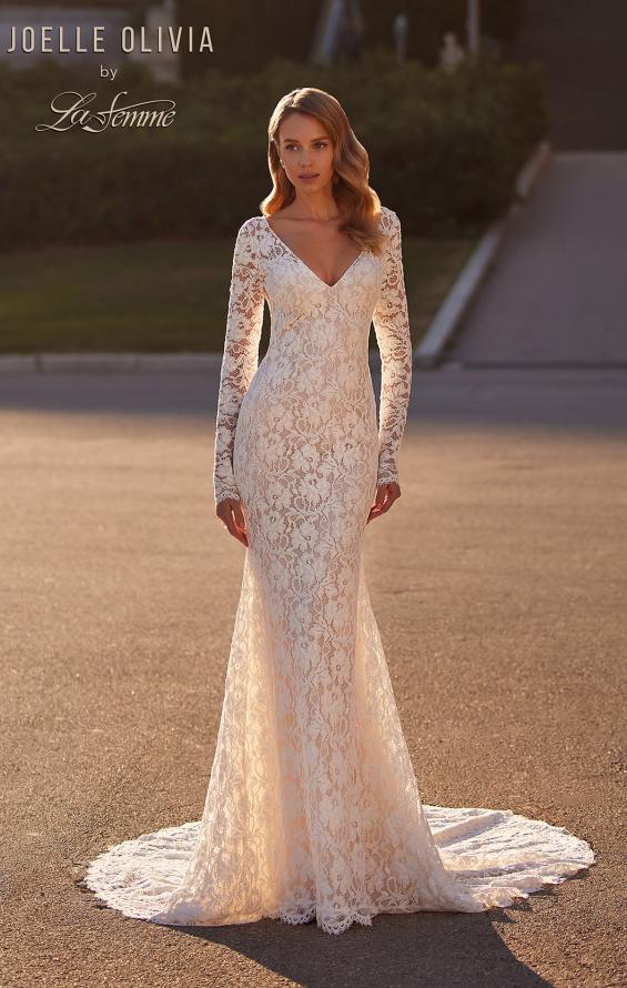 Picture of: Long Sleeve Wedding Dress with V Neckline and Illusion Back Detail in IIINI, Style: J2198, Main Picture