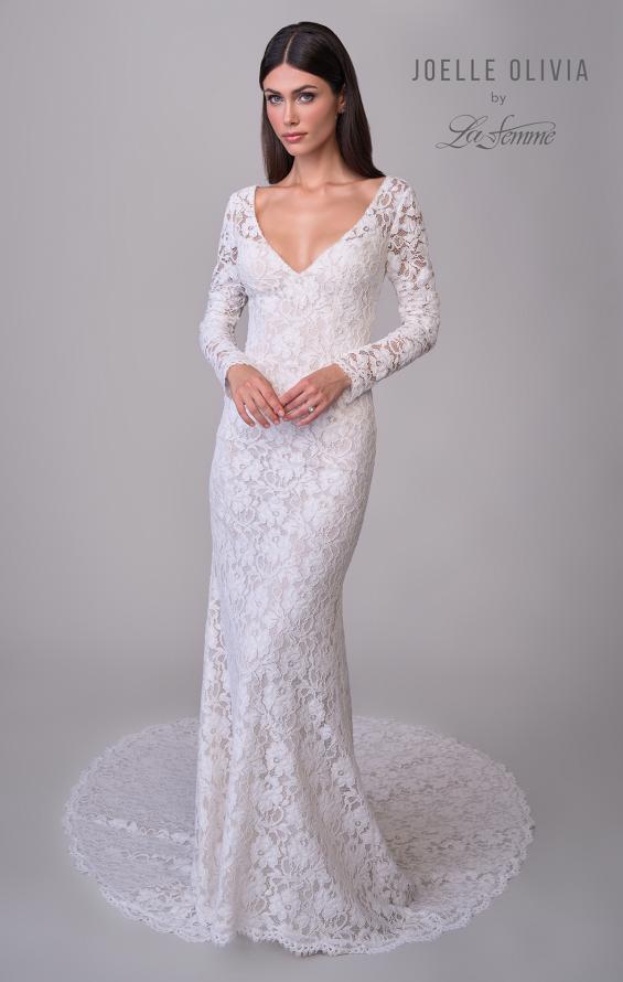 Picture of: Long Sleeve Wedding Dress with V Neckline and Illusion Back Detail in IIINI, Style: J2198, Detail Picture 9
