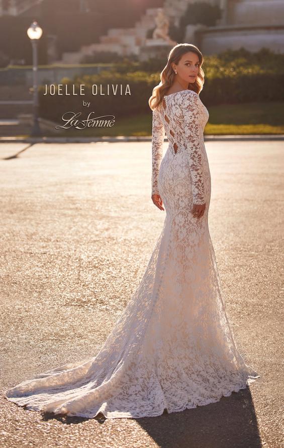 Picture of: Long Sleeve Wedding Dress with V Neckline and Illusion Back Detail in IIINI, Style: J2198, Back Picture
