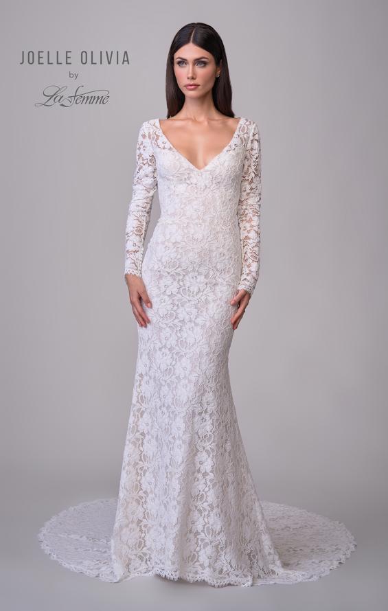 Picture of: Long Sleeve Wedding Dress with V Neckline and Illusion Back Detail in IIINI, Style: J2198, Detail Picture 4