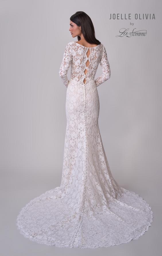 Picture of: Long Sleeve Wedding Dress with V Neckline and Illusion Back Detail in IIINI, Style: J2198, Detail Picture 6