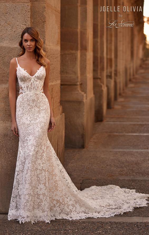 Picture of: Mermaid Lace Wedding Dress with Unique Bustier Bodice and Sheer Lace Back in IINI, Style: J2222, Main Picture