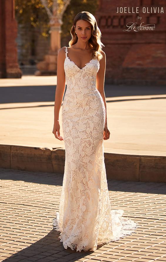 Picture of: Trumpet Style Lace Wedding Dress with V Neckline and Illusion Back in WIII, Style: J2229, Main Picture