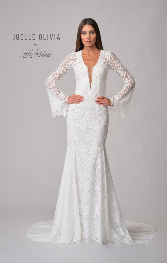 Picture of: Plunge Neck Lace Dress with Bell Sleeves in WIII, Style: J2094, Detail Picture 8