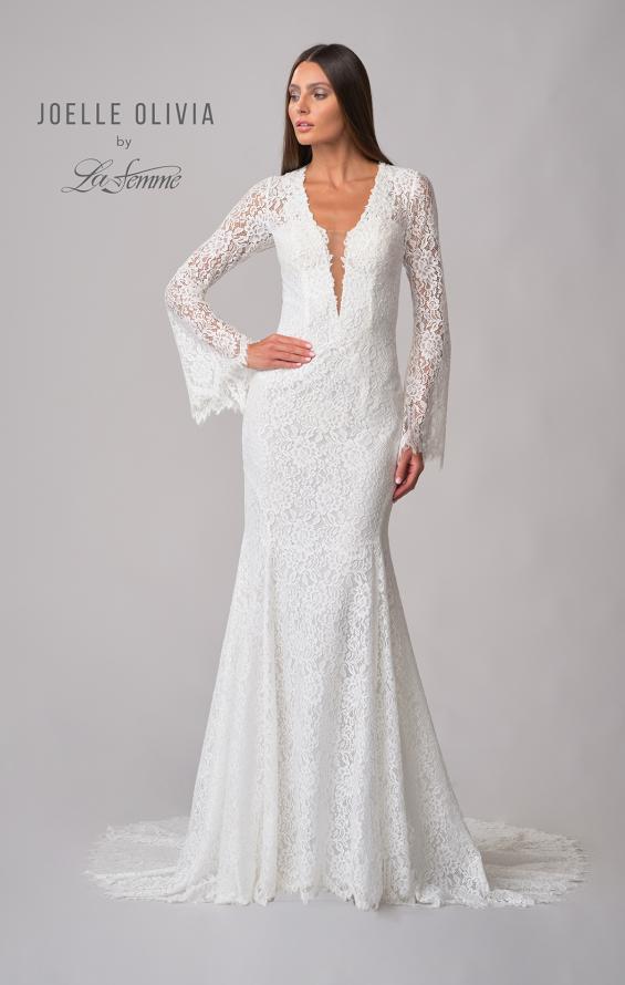 Picture of: Plunge Neck Lace Dress with Bell Sleeves in WIII, Style: J2094, Detail Picture 13