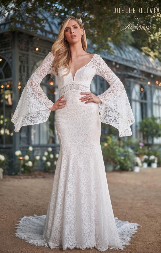 Picture of: Bell Sleeve Lace Gown with Illusion Waist in WIII, Style: J2093, Detail Picture 3