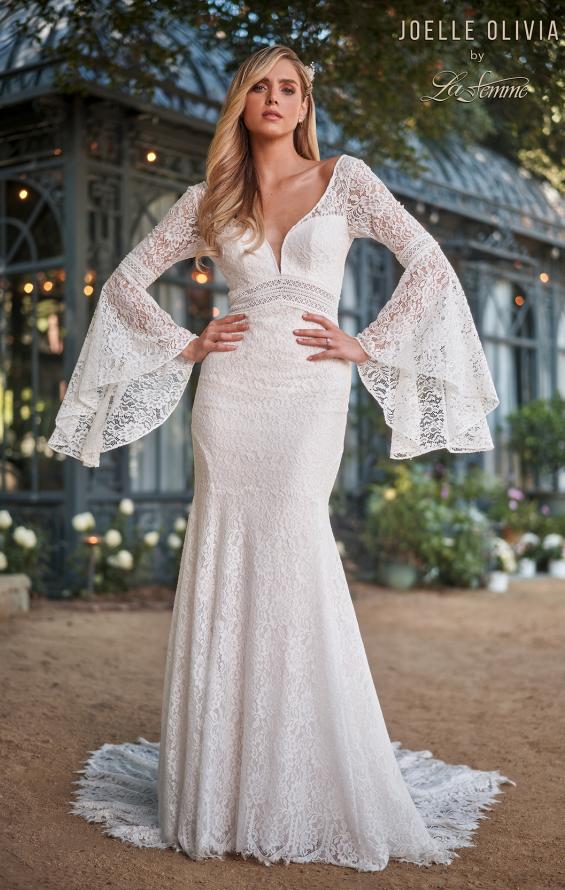 Picture of: Bell Sleeve Lace Gown with Illusion Waist in WIII, Style: J2093, Detail Picture 4