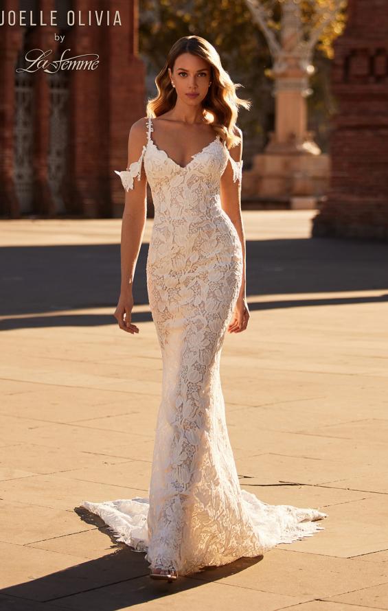 Picture of: Trumpet Style Lace Wedding Dress with V Neckline and Illusion Back in WIII, Style: J2229, Detail Picture 4