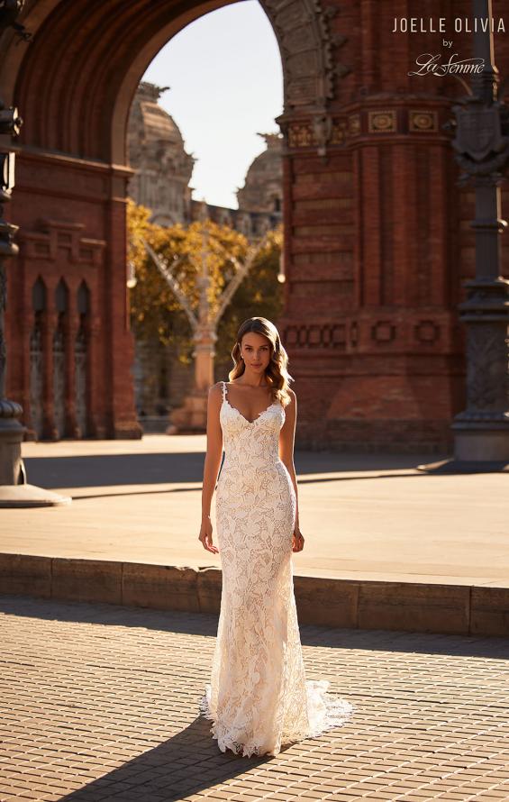 Picture of: Trumpet Style Lace Wedding Dress with V Neckline and Illusion Back in WIII, Style: J2229, Detail Picture 6