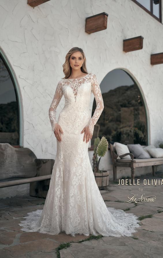 Picture of: Sheer Lace Long Sleeve Gown with Open Back in WIIII, Style: J2092, Main Picture