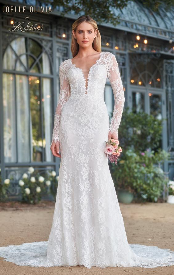 Picture of: Long Sleeve Lace Wedding Gown with Criss Cross Straps in WIIII, Style: J2095, Main Picture