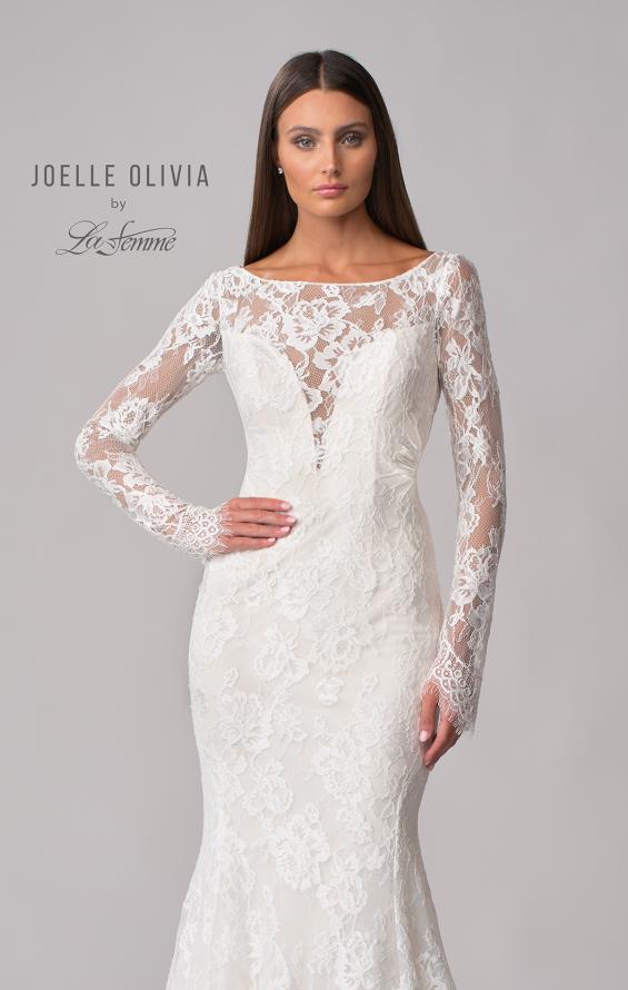 Picture of: Sheer Lace Long Sleeve Gown with Open Back in WIIII, Style: J2092, Detail Picture 8