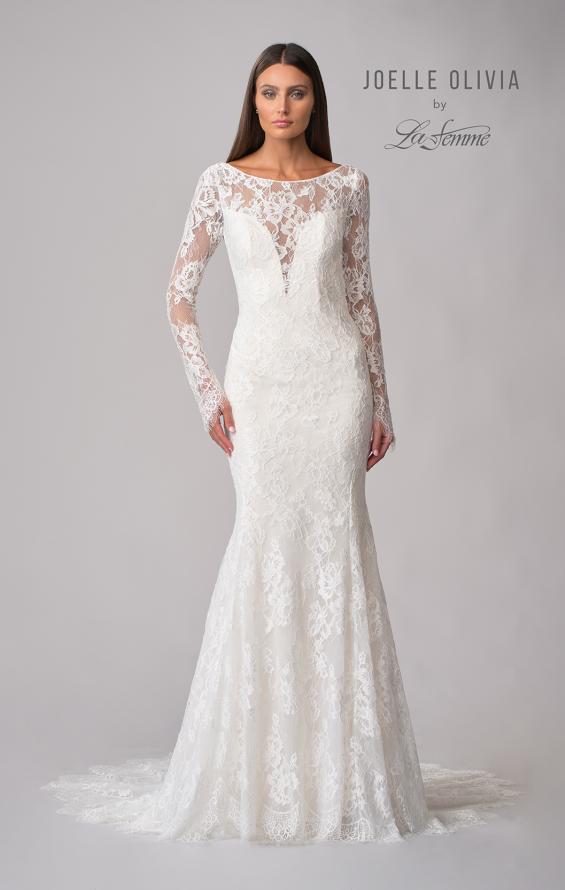 Picture of: Sheer Lace Long Sleeve Gown with Open Back in WIIII, Style: J2092, Detail Picture 10