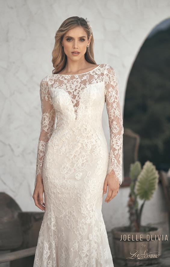 Picture of: Sheer Lace Long Sleeve Gown with Open Back in WIIII, Style: J2092, Detail Picture 1