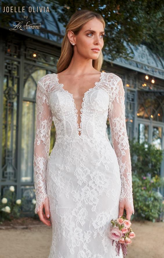 Picture of: Long Sleeve Lace Wedding Gown with Criss Cross Straps in WIIII, Style: J2095, Detail Picture 1